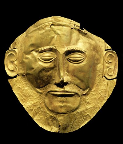 Dodenmasker uit Mycene, vroeger gedacht dat het van Agamemnon was (goud) door Mycenaean